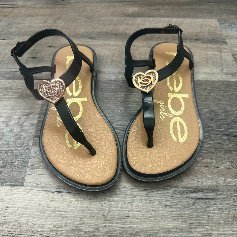 bebe girls black jelly sandals with gold heart, kids size M 13/1, beach, summer